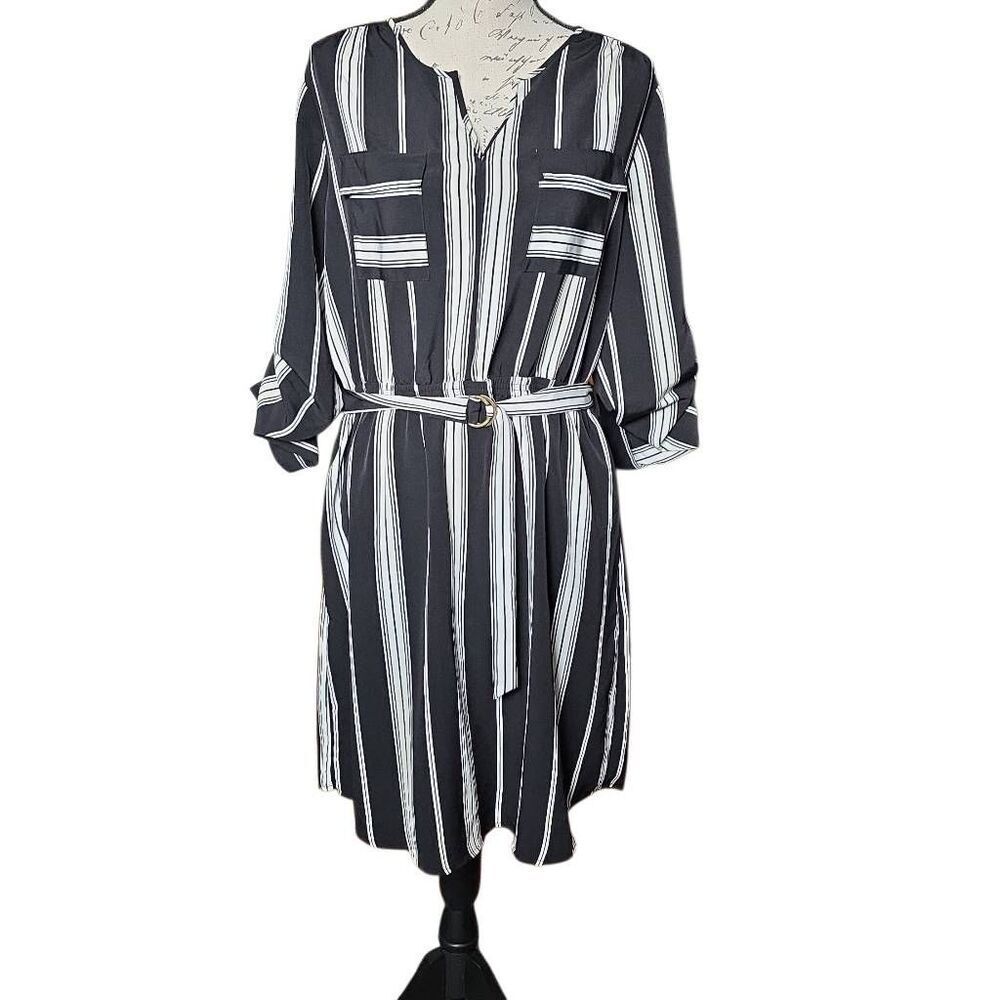 Mossimo Women's Size Large Black White Stripe Elbow Length Belted Dress